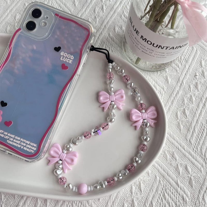 WCCH Beaded Phone Charm Y2K Kawaii Handmade Acrylic Phone Lanyard Wrist Strap for Camera Bag Airpods Keychain Charm Pink Bow and Small Pearls - Image 3